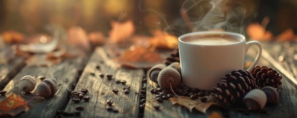 A steaming cup of coffee on a wooden table with autumn leaves and pine cones.
