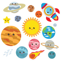 Planets of the solar system vector cartoon illustration