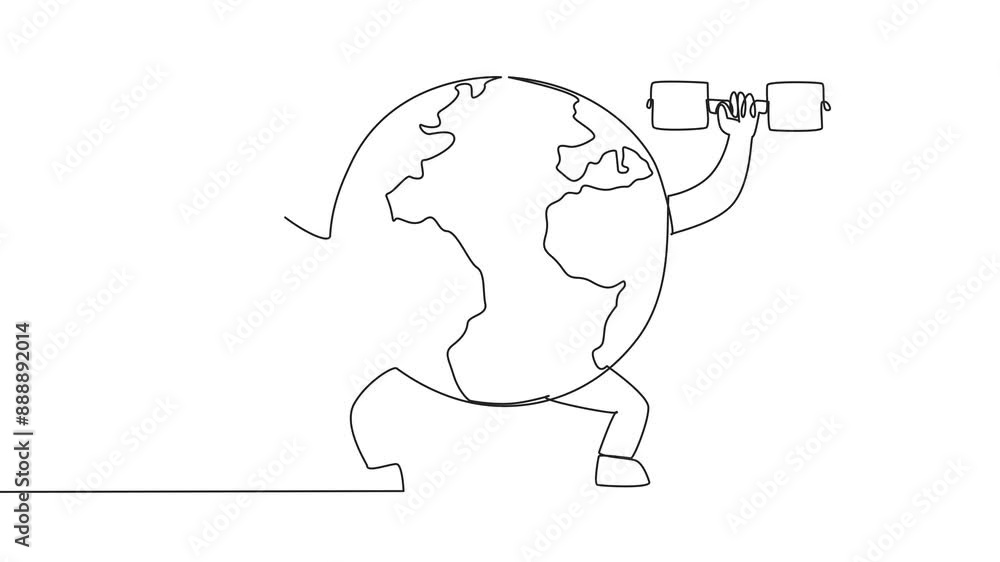 Poster animated self drawing of single continuous line drawing globe lifts two dumbbells with both hands. p
