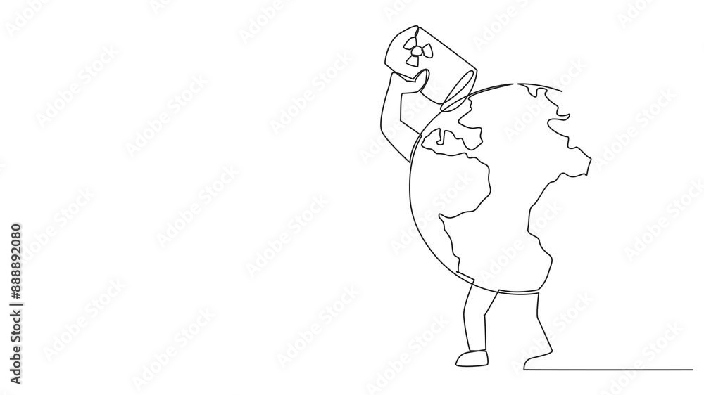Poster self drawing animation of single continuous line drawing globe drinking oil drums. exploiting natura