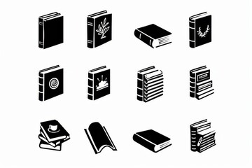 Book icons, black and white textbook symbol, education pictogram, minimal bookstore logo