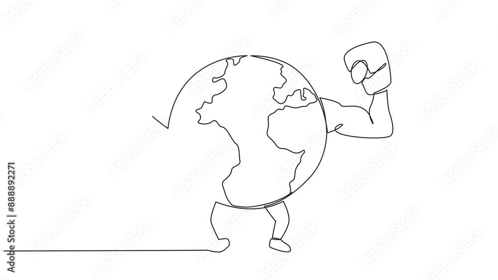Aufkleber self drawing animation of single continuous line drawing globe raised both hands which wearing boxin