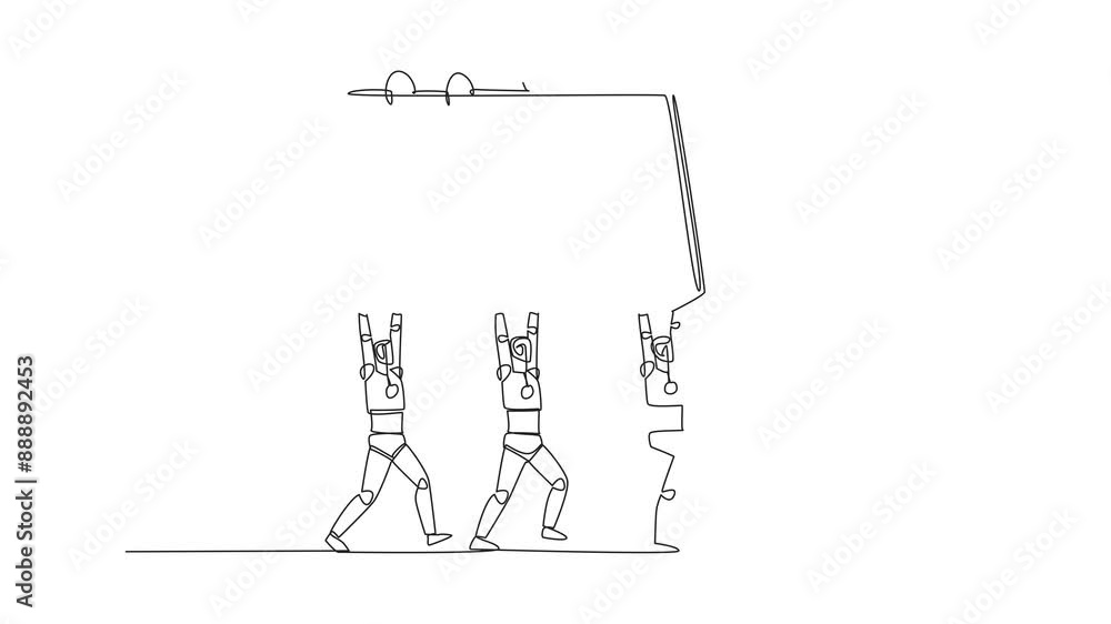 Poster self drawing animation of continuous one line drawing a group of robots work together carrying a des