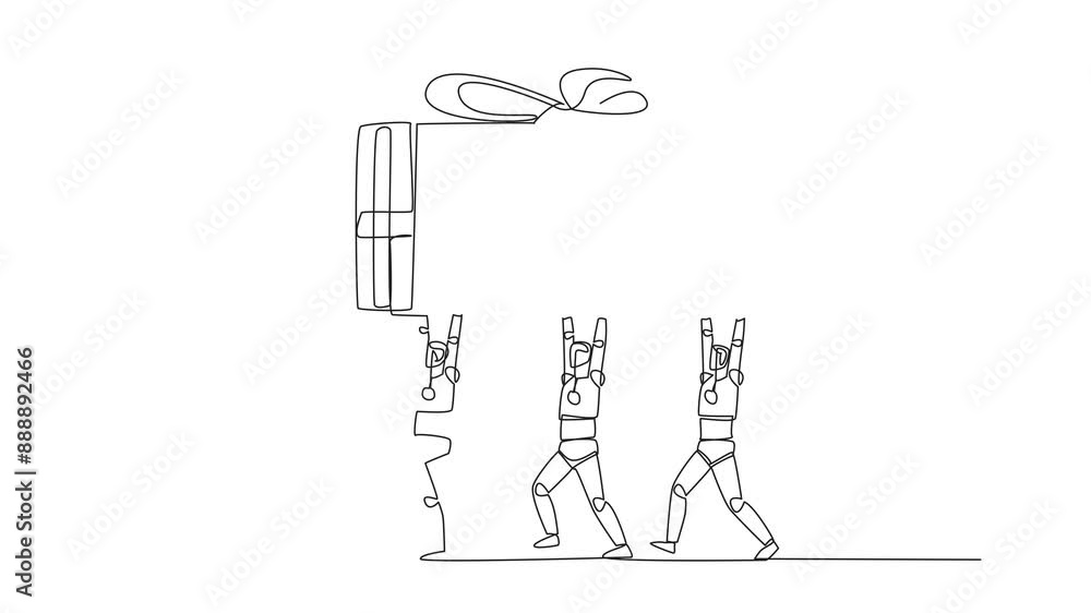 Poster animated self drawing of continuous one line drawing group of robots work together to carrying gift 