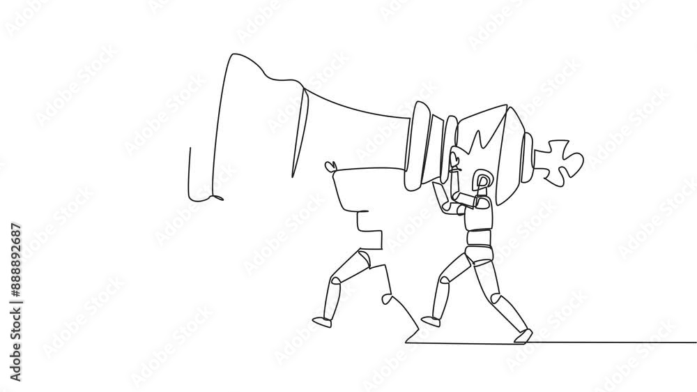 Poster animated self drawing of continuous one line drawing group of robots work together carrying the king