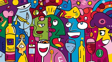 A festive wine festival in a playful, doodle art style with bright colors and quirky characters