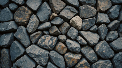 Fototapeta premium A detailed close-up photo of a wall made of irregularly shaped dark gray stones with unique textures.