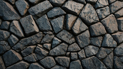 Fototapeta premium A detailed close-up photo of a wall made of irregularly shaped dark gray stones with unique textures.