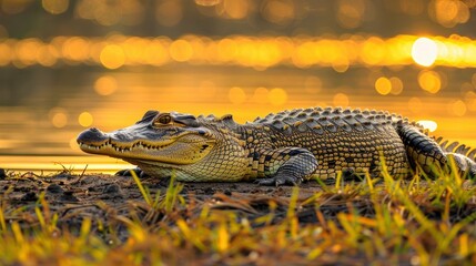 Closeup of a crocodile resting on the river bank with a bokeh background.