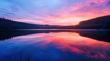 Fototapeta premium A peaceful sunset reflecting on a calm lake, creating a mirror image