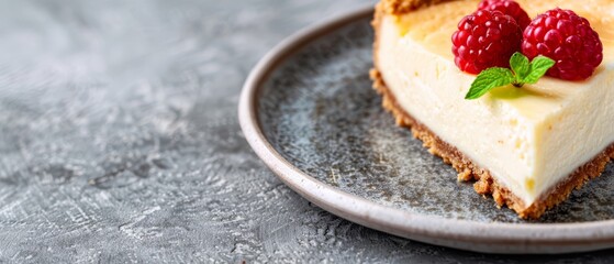  A cheesecake topped with raspberries sits on a gray tablecloth, atop a plate