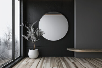 Minimalist property interiors composition with minimal furniture, a large window and a mirror in an empty room. Interiors design composition in mute colors with copy space.