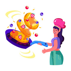 Happy girl making pancakes, flat style illustration 