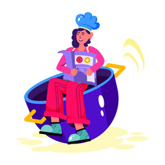 Chef sitting on pot while holding cookbook, flat illustration 