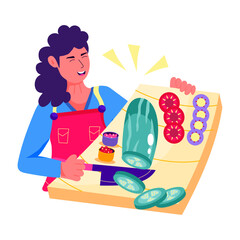 Woman doing salad cutting, flat character illustration 