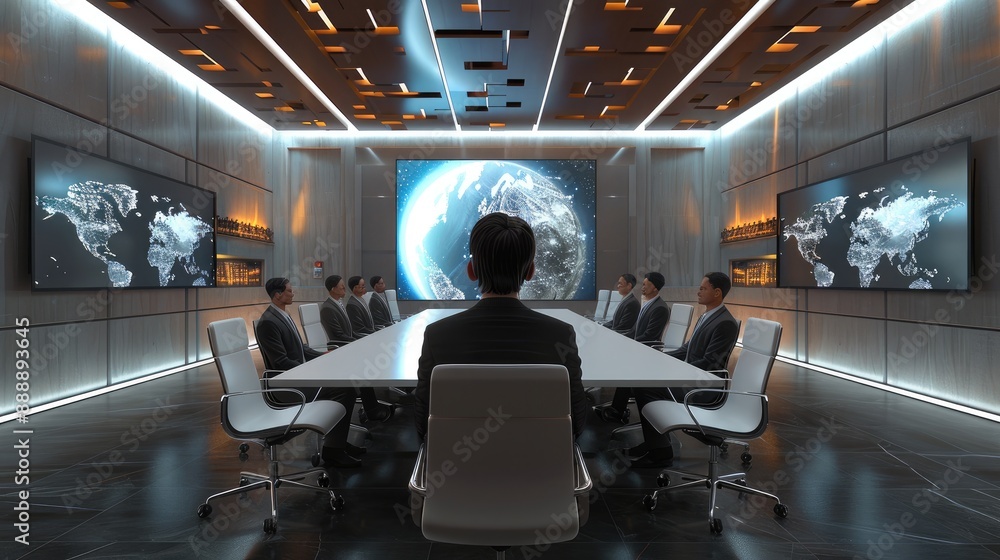 Poster a business meeting conducted in a virtual conference room, with participants from around the world i