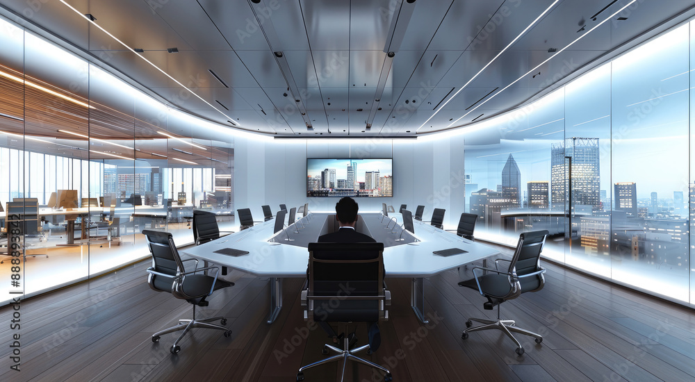 Poster a business meeting conducted in a virtual conference room, with participants from around the world i