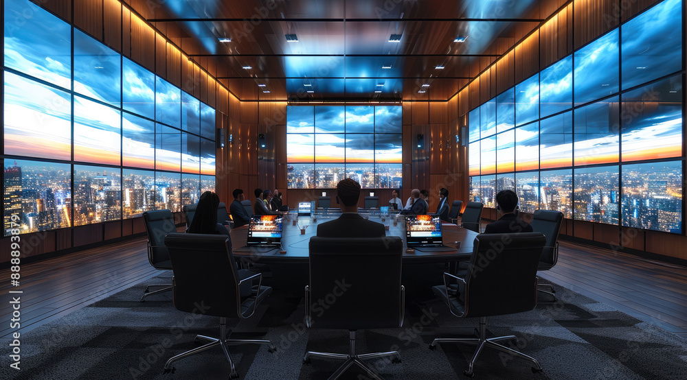Poster a business meeting conducted in a virtual conference room, with participants from around the world i