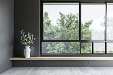 Minimalist property interiors composition with minimal furniture, a large window and a mirror in an empty room. Interiors design composition in mute colors with copy space.