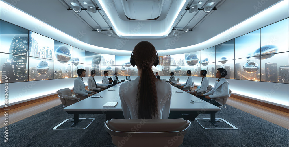 Poster a business meeting conducted in a virtual conference room, with participants from around the world i