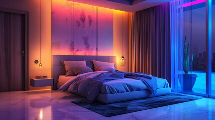 Modern stylish bedroom with vibrant lighting and colorful decor in realistic photograph
