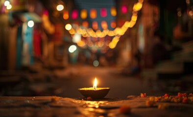 Festive candlelit scene with bokeh lights and flowers, perfect for a peaceful and celebratory ambiance. Ideal for holiday or cultural themes. Indian festival diwali day