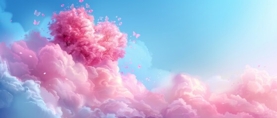 Fototapeta premium A blue sky with pink clouds housing a heart-shaped object, pink hue