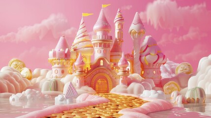 A fairy tale castle made of candy and ice cream sits against a pink background, with a golden path paved by coins leading to it in a 3D scene. 