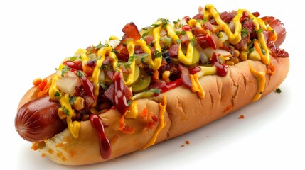 A gourmet hotdog topped with a vibrant array of ingredients: melted cheese, golden bread, ketchup, mustard, mayonnaise, cheddar, bacon, pickles, presented in an attractive image.