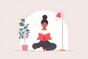 Woman reading on floor by red lamp with green plant nearby
