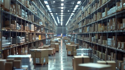 Fototapeta premium A large, long logistics warehouse filled with boxes