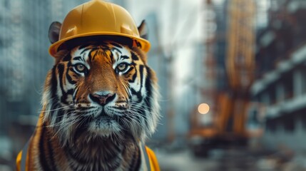 An cute animal dressed as a builder at a construction site with safety helmet