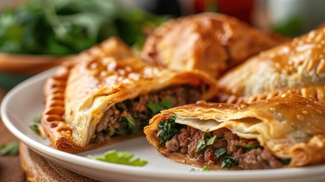 Beef and greens cheburek served on a white plate