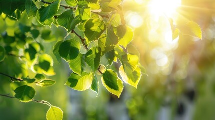 Obraz premium Birch tree branch with fresh green foliage under radiant sunlight Nature backdrop