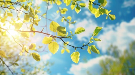 Birch branch with leaves under sunny spring sky