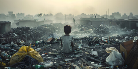 A boy sitting in a destroyed city after the war