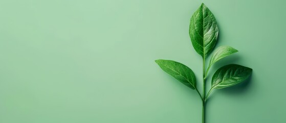 Fototapeta premium Close-up of a green leaf against a light green background with ample empty space in the middle