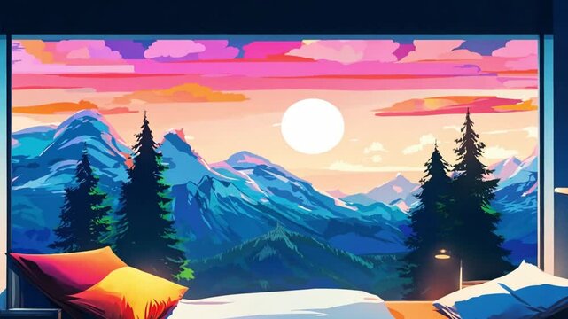 Hyperwave Abstract Illustration of a winter landscape with mountains and moon, 4k cartoon of mountain, looking out of window