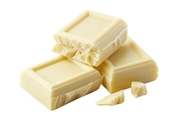 Close up of white chocolate with chunk pieces isolated on background, sweet milk choc squares.