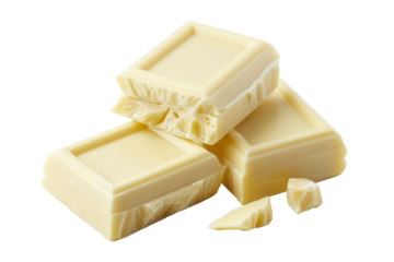 Close up of white chocolate with chunk pieces isolated on background, sweet milk choc squares.