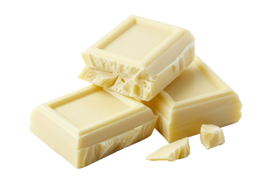 Close up of white chocolate with chunk pieces isolated on background, sweet milk choc squares.