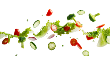 Mixing Salad of different vegetables green lettuce, spinach, onion and other flying in the air isolated on background, fresh organic food.