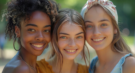 Fototapeta premium Smiling young women from diverse ethnic backgrounds, standing closely together, dressed casually, with a softly blurred park backdrop and gentle light. Generative AI.