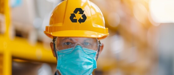  A man dons a yellow hard hat and a face mask bearing a blue recycling symbol