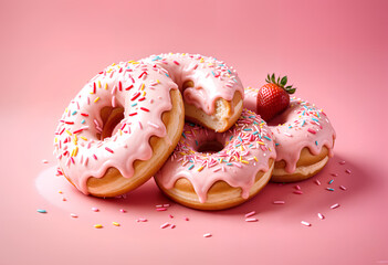 donuts with colorful sprinkles on a pink background, with a fresh strawberry 