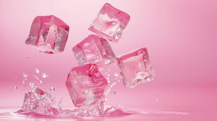 Flying pink ice cubes on pink background