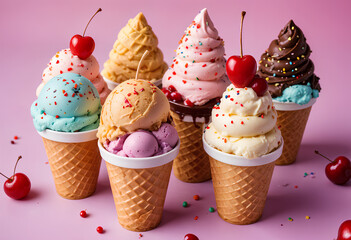 Assortment of colorful ice cream scoops in waffle cones, with sprinkles, cherries, and other toppings