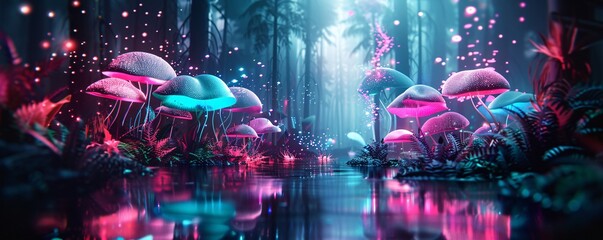 Fototapeta premium A vibrant, futuristic illustration of a bioluminescent animal in a neon forest