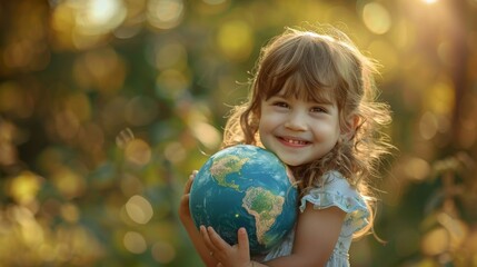 Naklejka premium A young smiling child girl hugging a planet earth