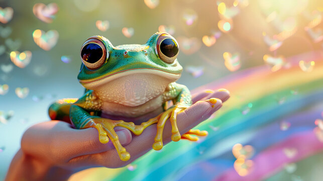 A cute frog sitting on a human hand, surrounded by heart-shaped bokeh and a rainbow, evoking a magical and whimsical atmosphere.